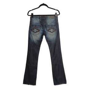 REROCK FOR EXPRESS Dark Blue Boot Cut Distressed Button Flap Pocket Jeans 0